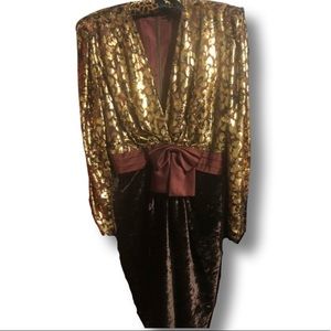 ||SOLD|| Vintage 80s Escada Metallic Velvet Satin Leopard Puff Sleeve Dress